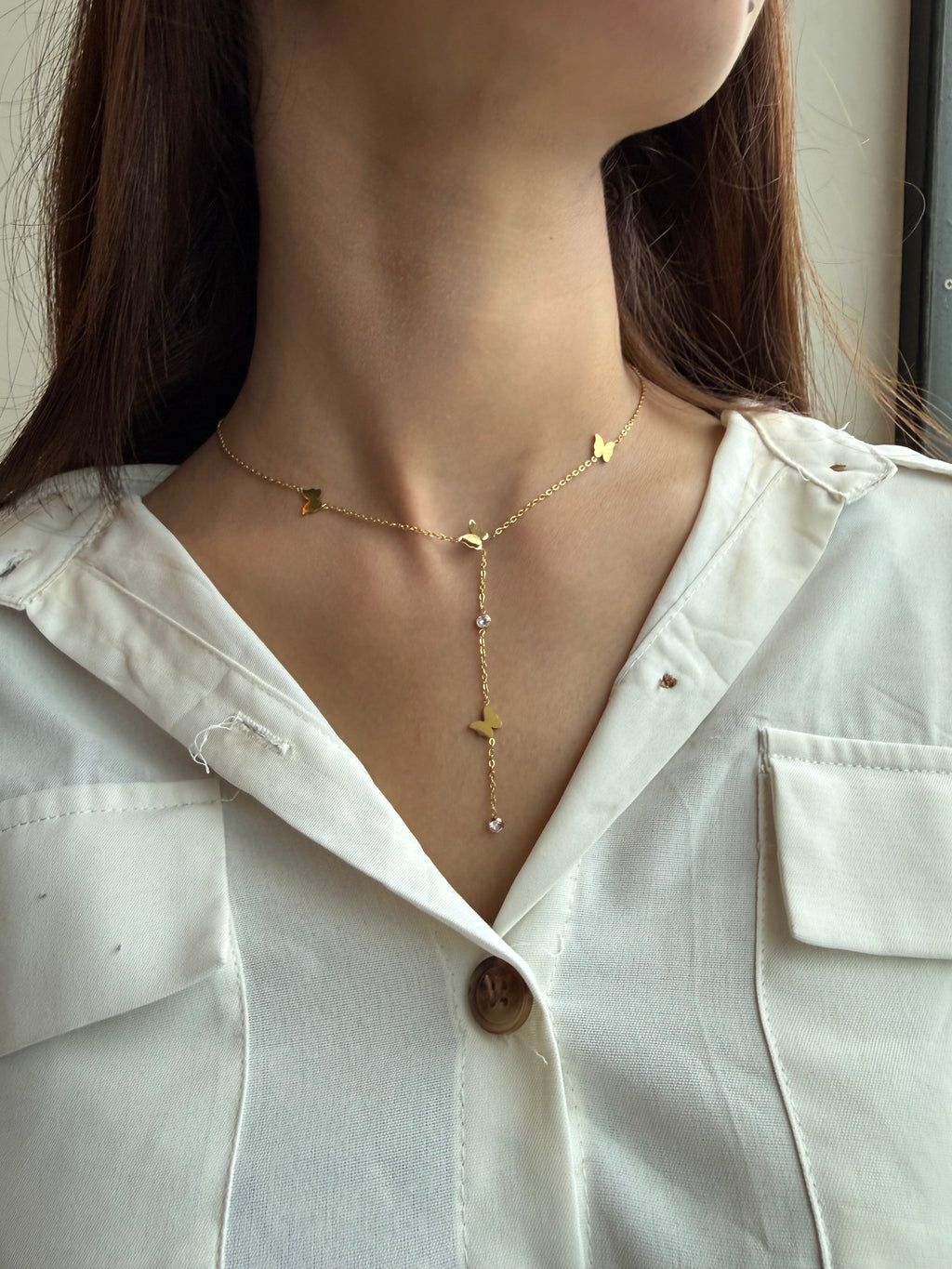 Wbn01-Flutter &amp; Shine Lariat- Stainless Necklace