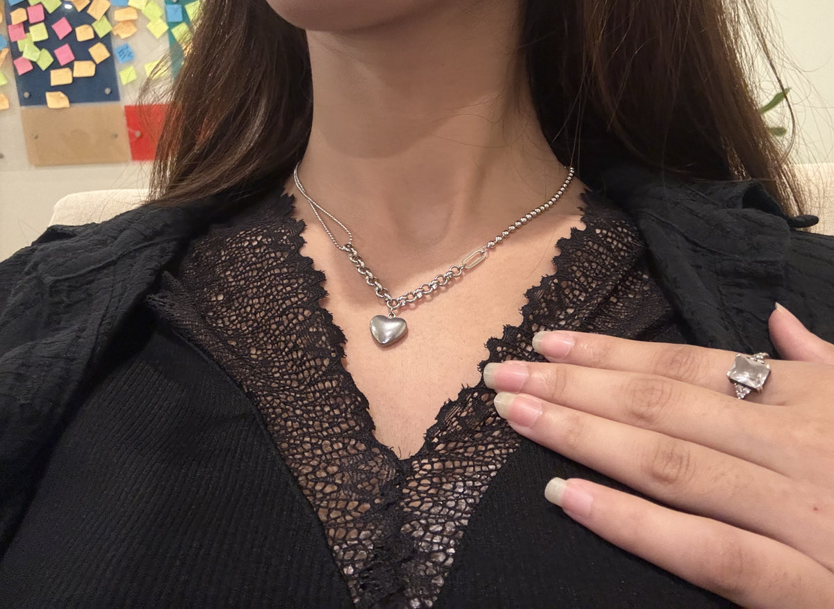 Wsh01-Silver Heart Mixed Chain-Necklace