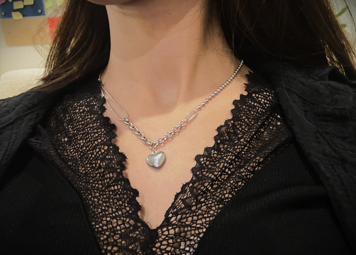 Wsh01-Silver Heart Mixed Chain-Necklace